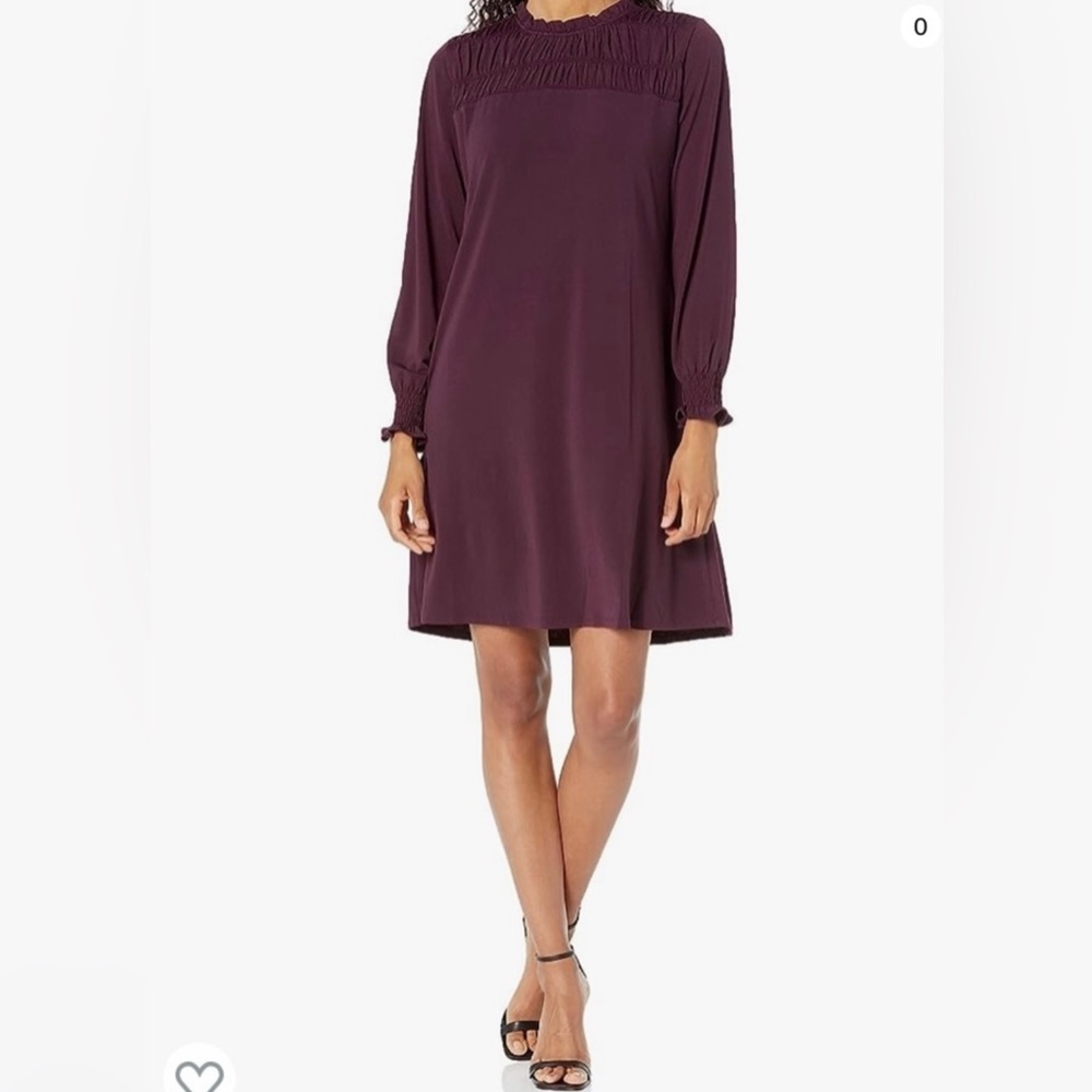 Adrianna Papell Plum Shirred Ruffle Neck Long Sleeve Dress Size Small